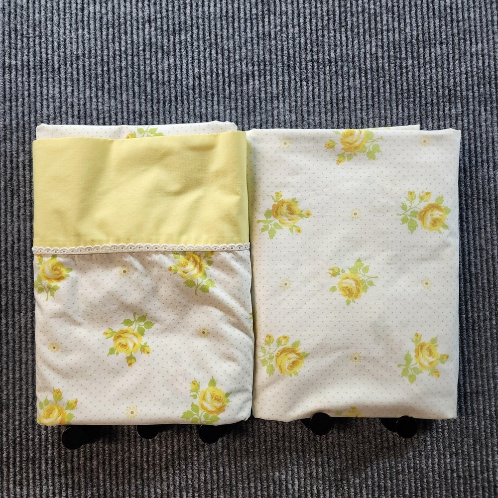 Vintage Wamsutta Yellow Rose Floral Sheet Set Double Flat Fitted Ultra Percale
